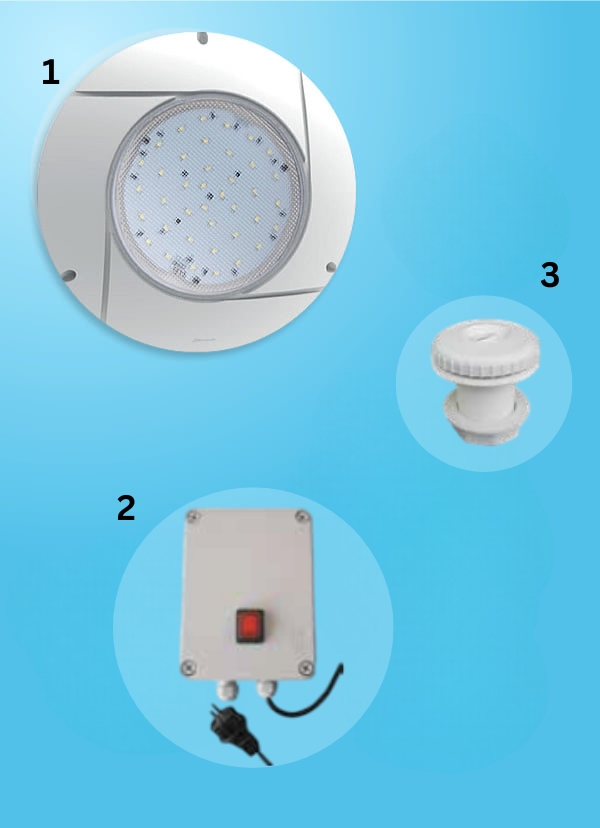 Kit proiettore LED con trasformatore per piscine in cemento da avvitare su bocchetta