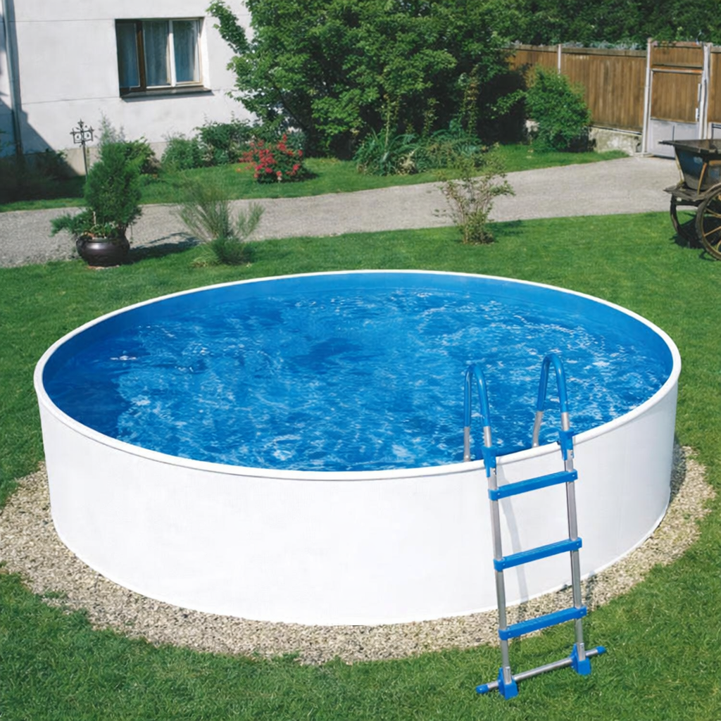Piscina fuori terra in giardino con pavimentazione e area relax, esempio di installazione familiare estiva - 360 bianca