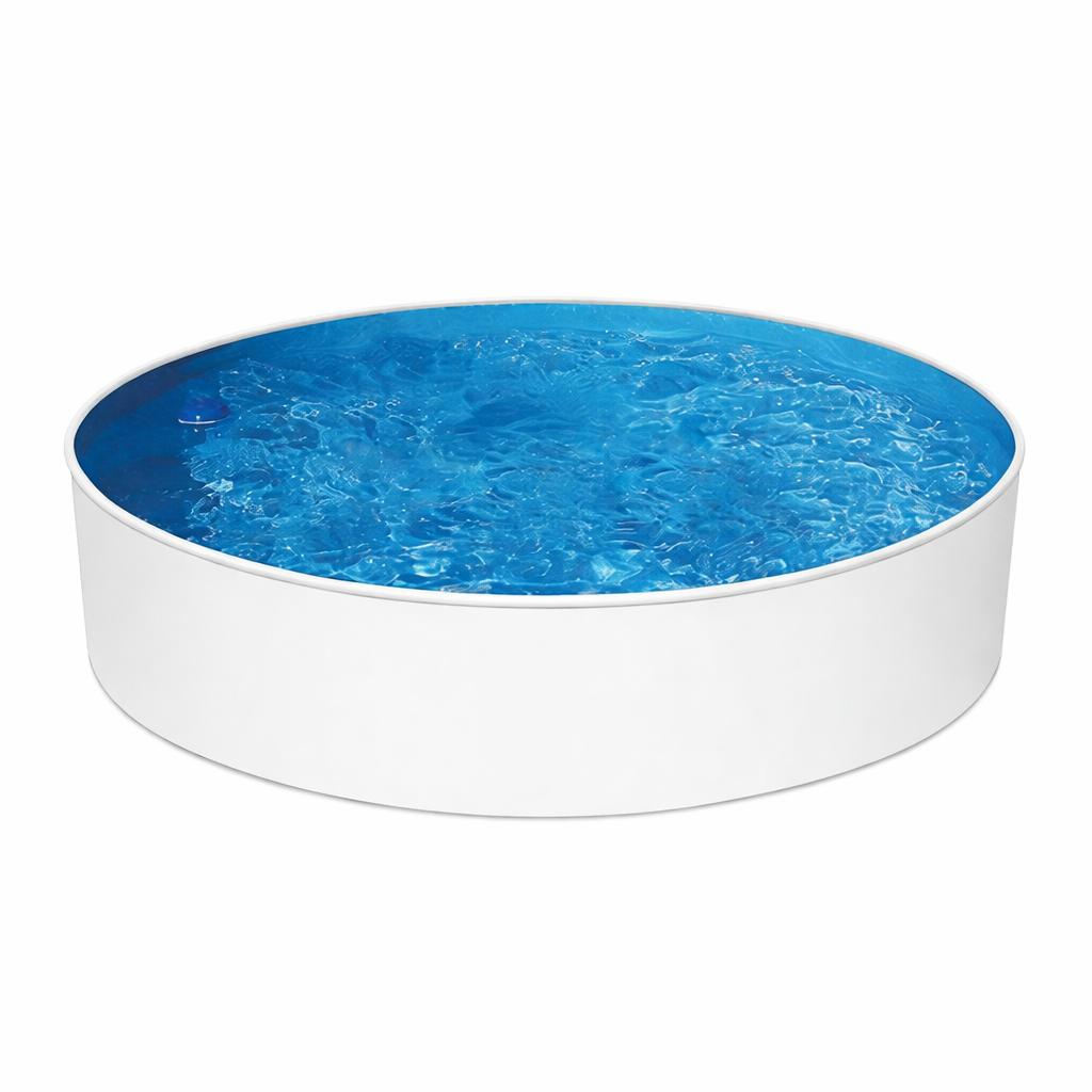 Piscina fuori terra rotonda scontornata per e-commerce, pannelli d’acciaio color grafite e bordo superiore chiaro - 360 bianca