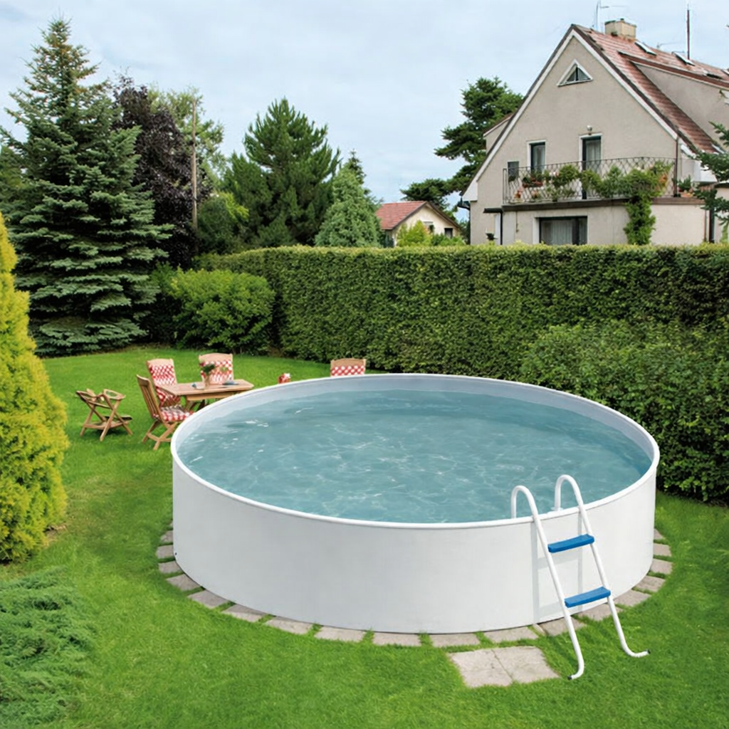 Piscina fuori terra con bordo integrato vicino a decking in legno, esempio estetico per giardino moderno - 460 bianca