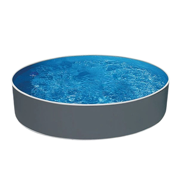Piscina fuori terra rotonda scontornata per e-commerce, pannelli d’acciaio color grafite e bordo superiore chiaro - 360 grigia