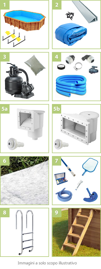 Kit piscina in legno fuori terra da esterno Riva 727: compreso nel kit - versione Liner azzurro