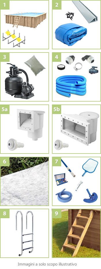 Kit piscina in legno fuori terra da esterno RIVA CARRE 8x5: compreso nel kit - versione Liner azzurro