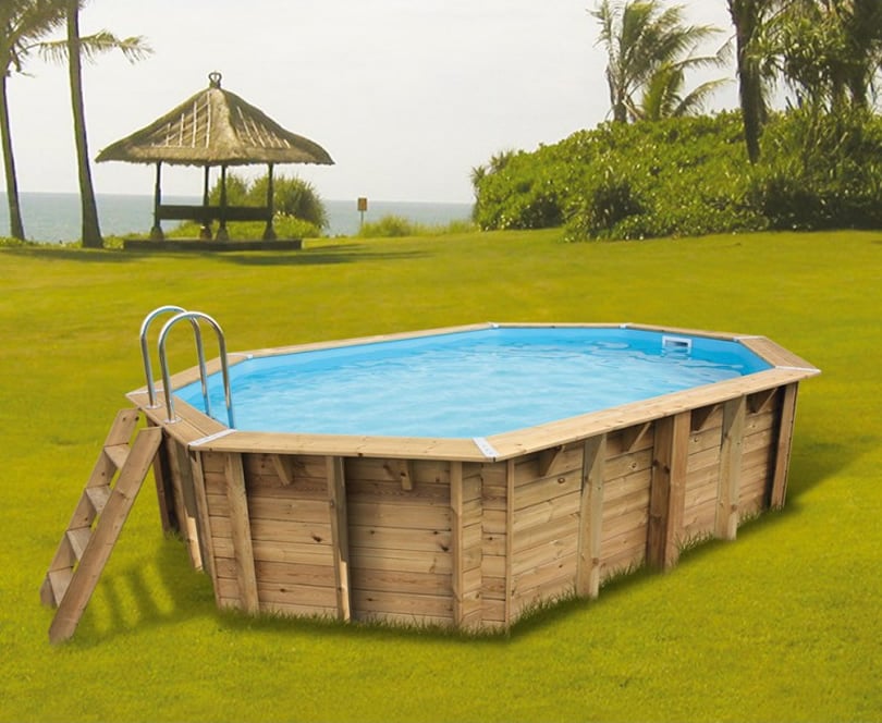 Piscina in legno fuori terra ottagonale allungata da giardino OCEAN 550x355