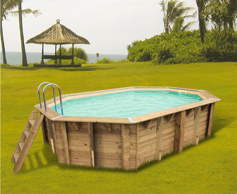 Piscina in legno fuori terra ottagonale allungata da giardino OCEAN 550x355