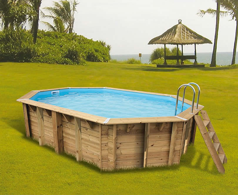 Piscina in legno fuori terra ottagonale allungata da giardino OCEAN 610x400
