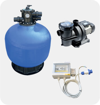 Specifiche dei componenti del kit piscina interrata economica in pannelli d'acciaio con montaggio rapido FAST POOL 5x3 h. 135 cm: la pompa, il filtro a sabbia e il quadro elettrico
