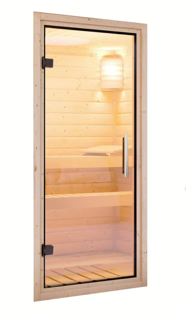 Porta sauna per esterno a risparmio energetico: legno massello e vetro isolante bronzato con cerniere regolabili