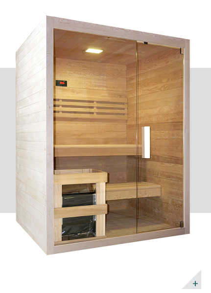 Vista interna sauna Aria 150 BIG con struttura in legno e panche