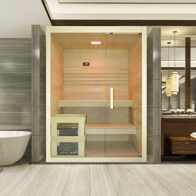 Sauna finlandese Aria 150 BIG in abete rosso con porta in vetro temperato