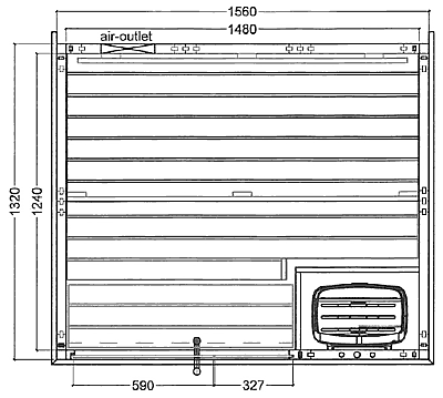 Pianta tecnica sauna finlandese da interno dimensioni esterne 156x132 cm