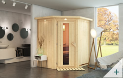 Sauna finlandese classica Teresa coibentata con porta coibentata in legno e vetro con cornice LED