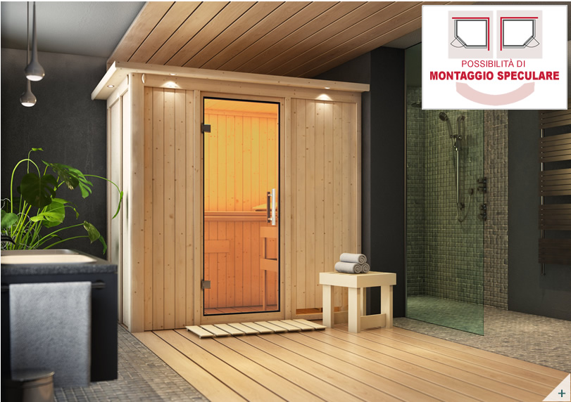 Sauna multifunzione finlandese a infrarossi Variado da interno per casa con stufa Combo-Bio 3,6 kW, pareti 68 mm in abete nordico – COVER