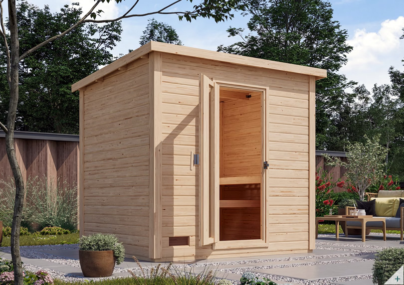 Sauna finlandese da giardino per esterno in abete nordico, pareti 38 mm, cabina outdoor 231×196 cm con porta coibentata e vetro bronzato