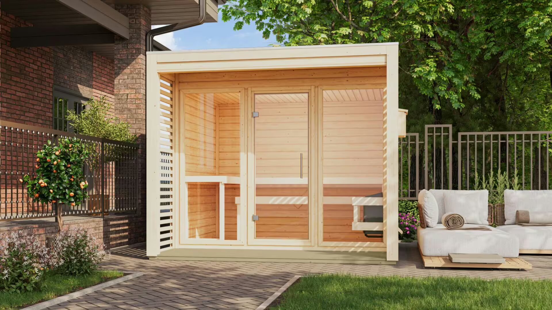 Sauna finlandese da esterno per giardino in legno di abete nordico con pareti 38 mm e ampia anticamera – cabina outdoor familiare