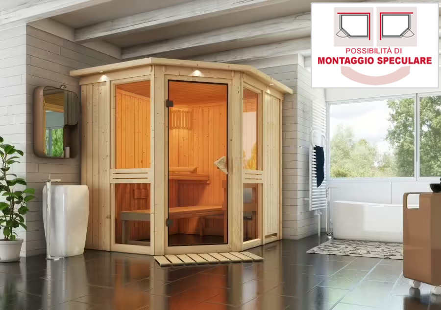 Sauna Finlancese classica da casa in kit in legno massello di abete 68 mm Daniela - COVER