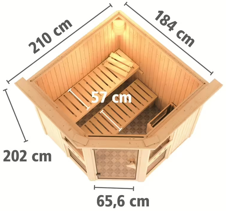 Sauna Finlancese classica da casa in kit in legno massello di abete 68 mm Irene - sezione vista dall'alto