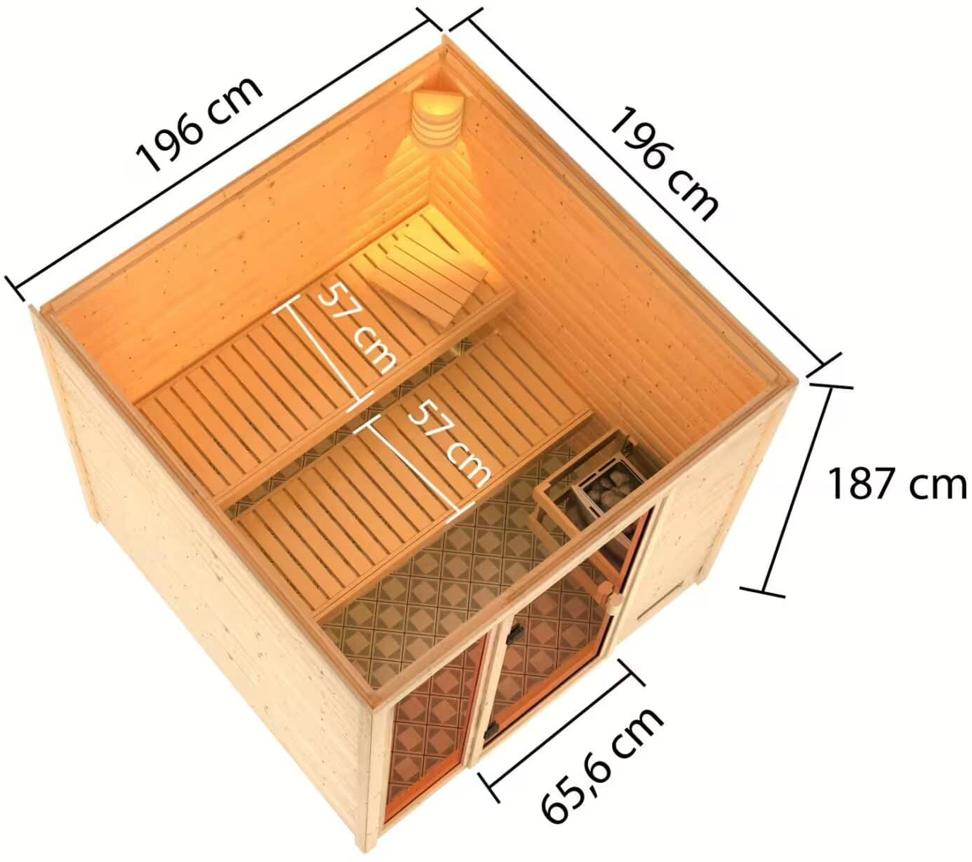 Sauna Finlancese classica da casa in kit in legno massello di abete 38 mm Franci - sezione vista dall'alto