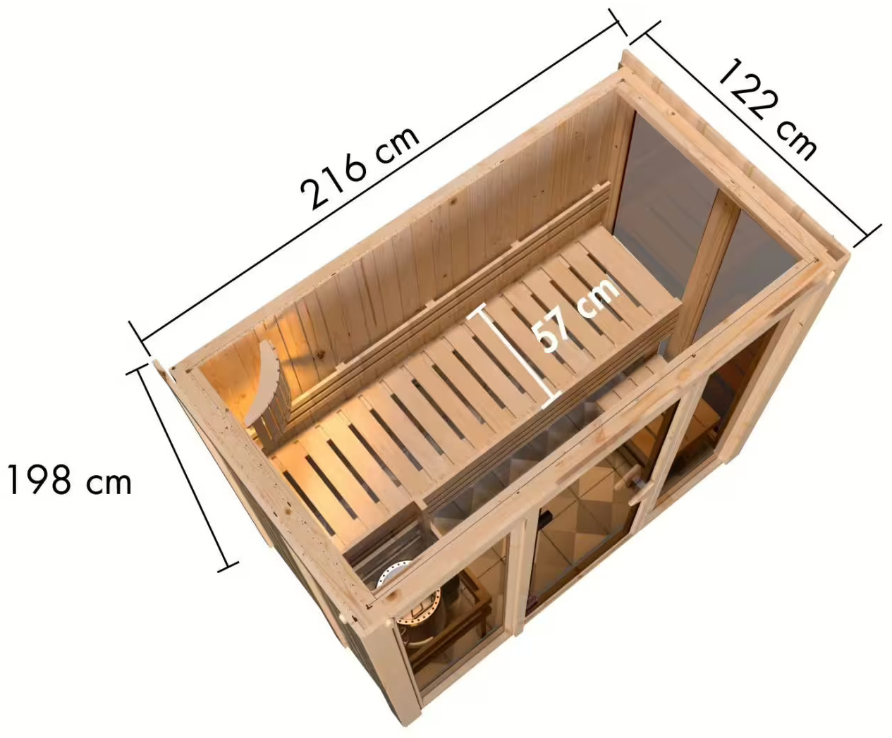 Sauna Finlancese classica da casa in kit in legno massello di abete 68 mm Irene - sezione vista dall'alto