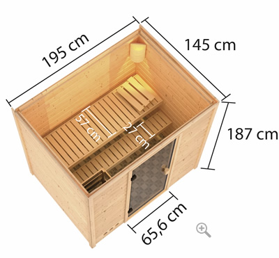 Schema sauna finlandese da interno in kit in legno di abete 38 mm – vista dall’alto cabina angolare con panche interne