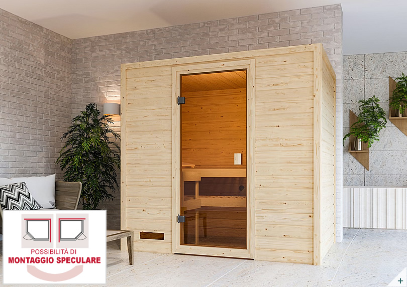 Sauna finlandese da interno in kit in legno massello di abete 38 mm con porta in vetro bronzato temperato – cabina angolare per casa 2-4 persone – COVER