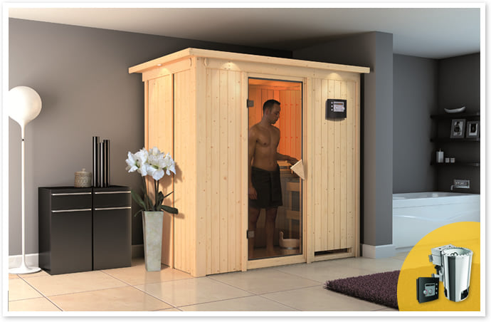 Sauna finlandese multifunzione Variado — cabina da interno in abete nordico 68 mm con porta in vetro temperato 8 mm — cover