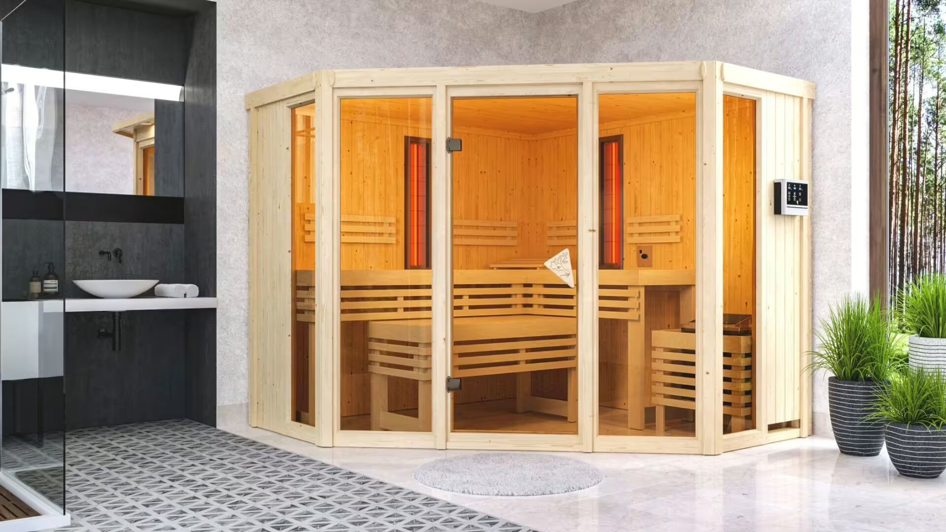 Sauna domestica combinata finlandese + infrarossi da interno senza cornice LED, pareti coibentate 68 mm
