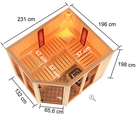 Schema dimensioni sauna multifunzione finlandese e a infrarossi da interno, pareti 68 mm, abete naturale, ingombri installazione
