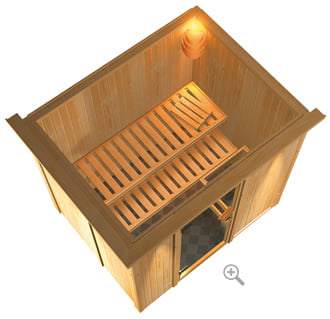 Sauna finlandese classica Laura coibentata con cornice LED sezione vista dall'alto