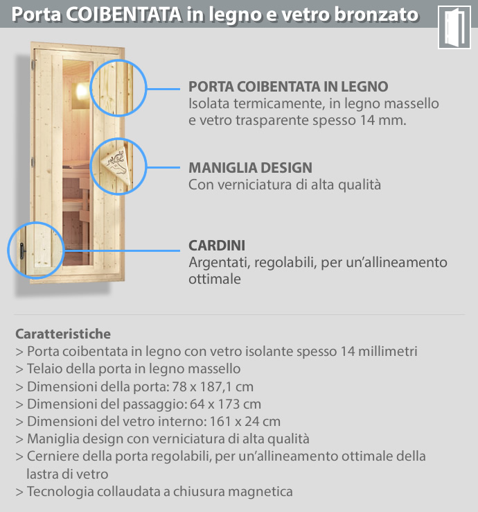 Sauna finlandese classica Gelsomina coibentata - Porta coibentata in legno e vetro - dettaglio