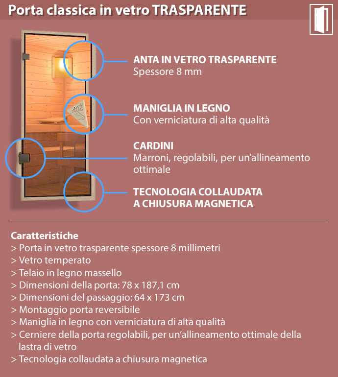Sauna finlandese classica Gelsomina coibentata - Porta classica in vetro trasparente - dettaglio