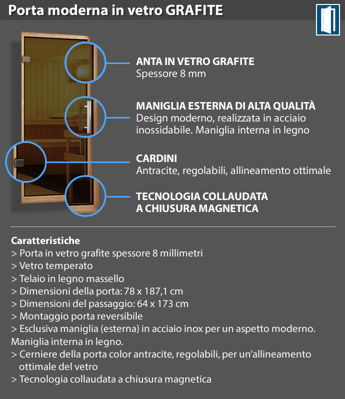 Sauna finlandese classica Gelsomina coibentata - Porta moderna in vetro grafite - dettaglio