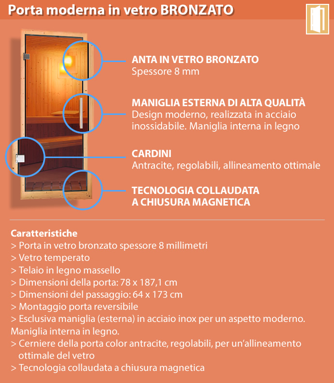 Sauna finlandese classica Gelsomina coibentata - Porta moderna in vetro bronzato - dettaglio