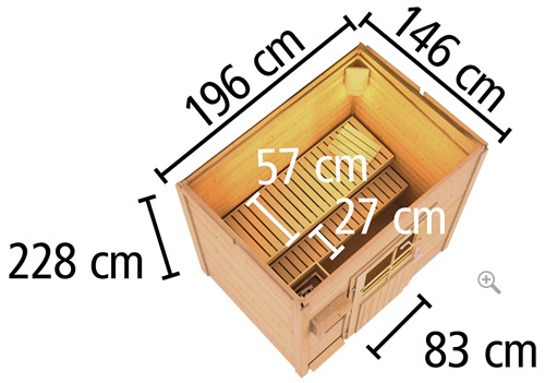 Schema sauna da esterno con anticamera: vista dall’alto, ingombri 196×146 cm, interno 184×134 cm, altezza 190–228 cm, tetto 232×177 cm