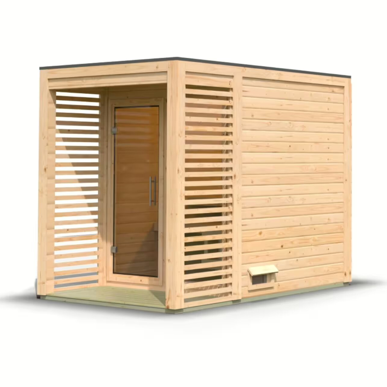 Struttura sauna outdoor in pannelli di abete nordico: pareti, tetto in legno massello e ferramenta inclusa