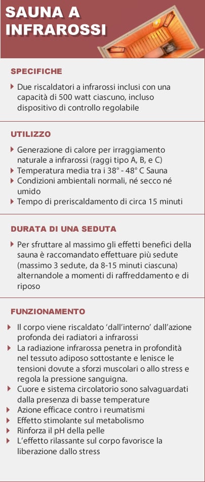 Caratteristiche sauna a infrarossi per casa: emettitori 500 W, spettro A+B+C, controllo intensità in cabina